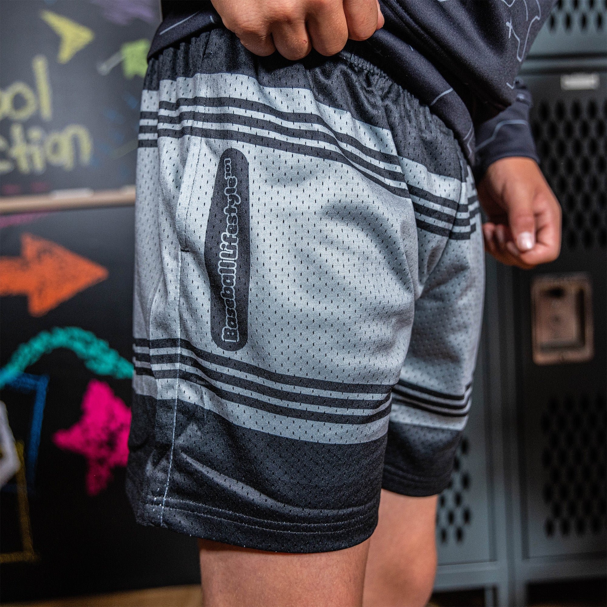 Crayon Eye Black Mesh Shorts - Baseball Print, 100% Polyester, Side Pockets