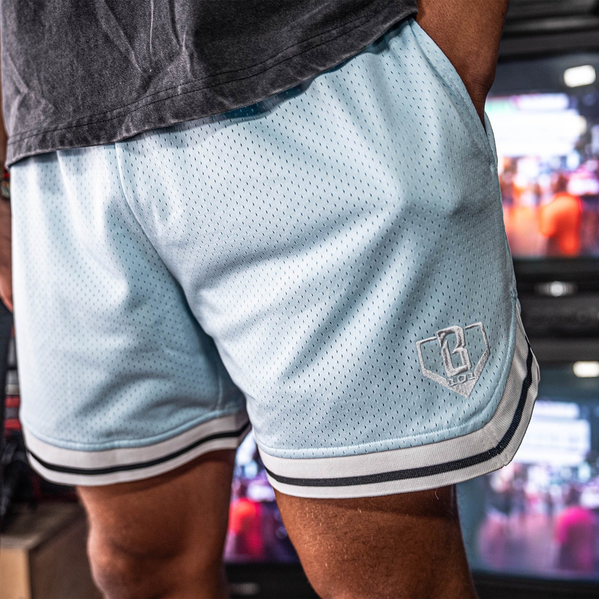 Court Shorts - Powder Blue Mesh Gym Shorts with Retro Trim