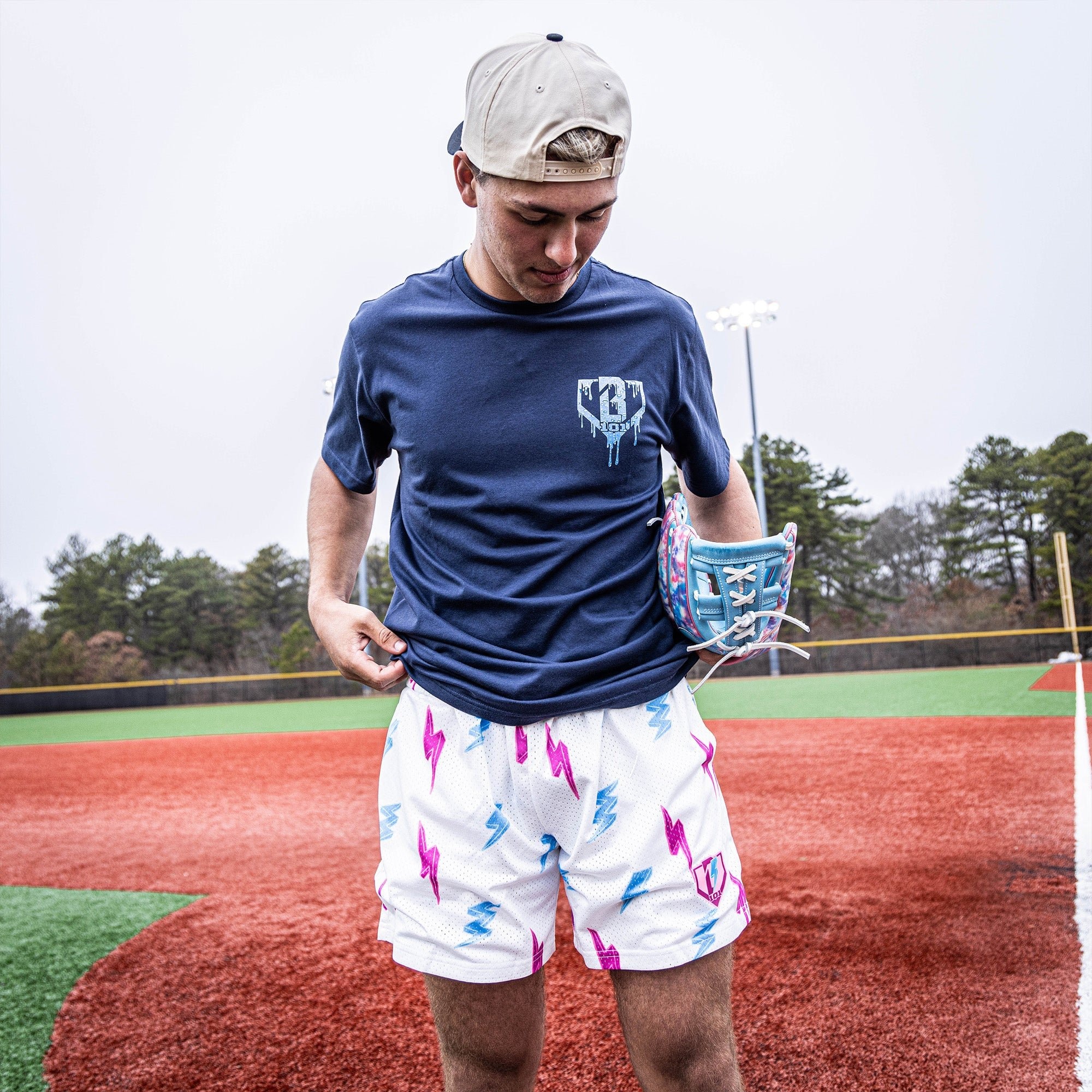 Rain Delay Lightning Bolt Mesh Shorts - Pink Blue Print, 5" Inseam