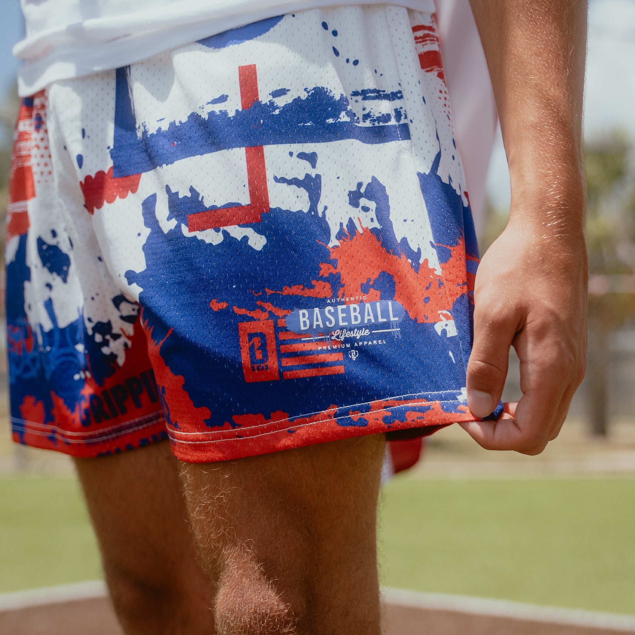 USA Graffiti Mesh Shorts - Patriotic Red White Blue Allover Print, 100% Polyester