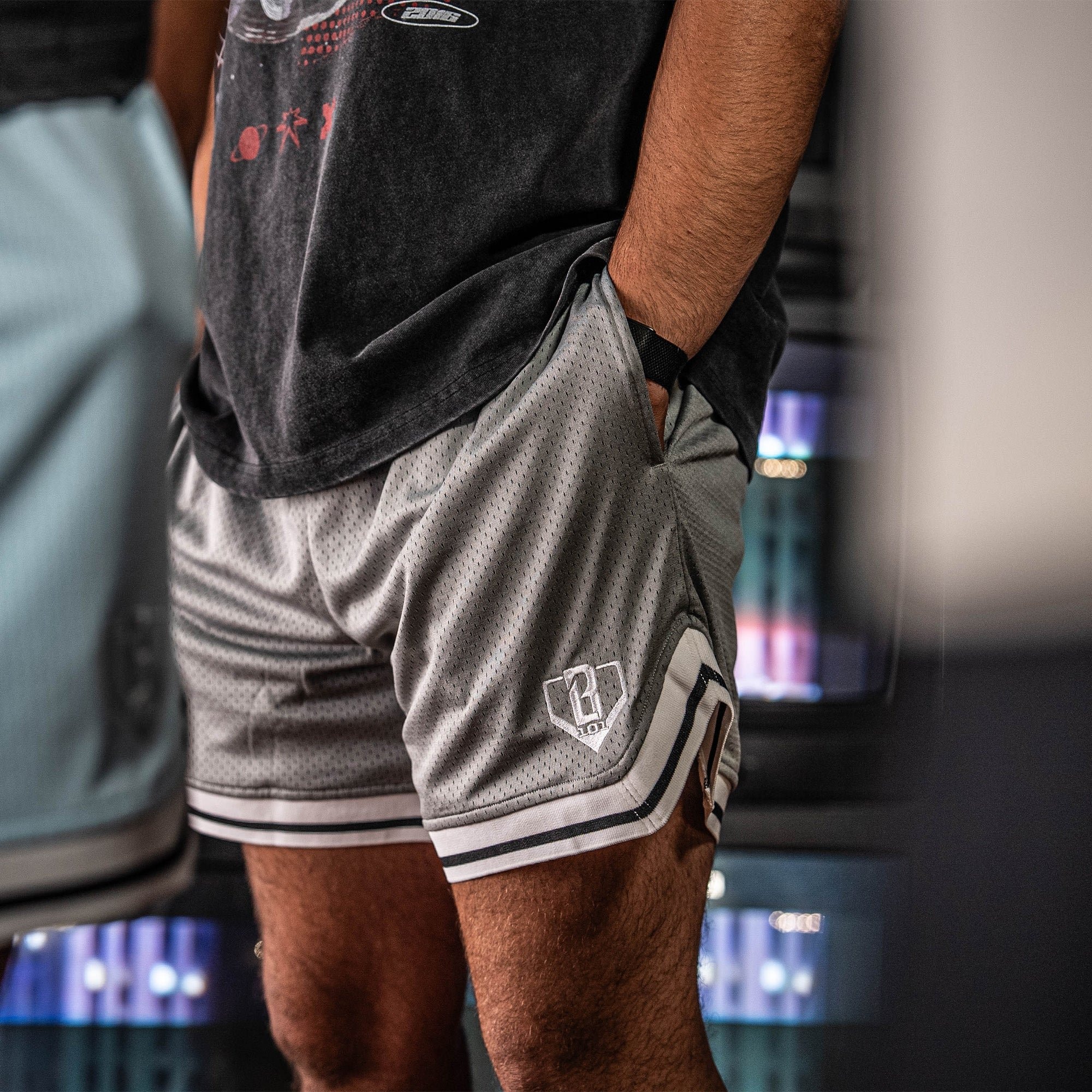 Court Shorts - Slate Gray Mesh Athletic Shorts with Retro Trim